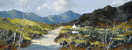 CHARLES WYATT WARREN oil on board - Snowdon with track in foreground leading to a lakeside
