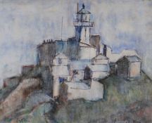 WILL ROBERTS mixed media - Mumbles lighthouse, signed with initials, dated verso circa 1980, 19 x