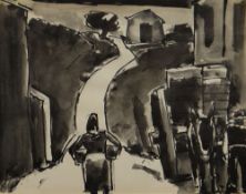 JOSEF HERMAN inkwash - village scene with peasant figure in the road and figure with mule and
