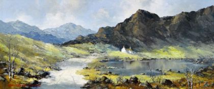 CHARLES WYATT WARREN oil on board - Snowdonia landscape with white washed cottage and track,