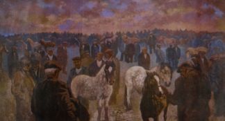 ANEURIN JONES colour print - horse fair scene with numerous male farmers, signed verso, 21 x