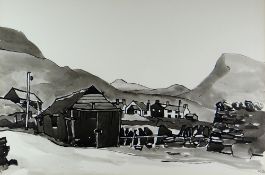SIR KYFFIN WILLIAMS RA inkwash - Caernarfonshire mountain village Cesarea, signed with initials,