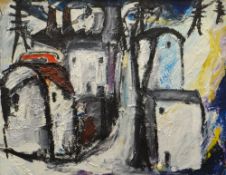 IWAN BALA oil on board - village with hill and pylons, entitled verso 'In Storm Walking', signed, 46