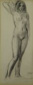 AUGUSTUS JOHN life study drawing - a female standing with one arm raised, signed, 32 x 12cms (framed