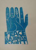 PAUL PETER PIECH single colour linocut - image with dove and hand, with the wording 'Peace is a