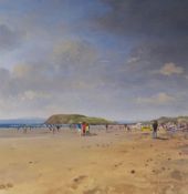GARETH THOMAS oil on card - beach scene on a bright day with numerous figures, entitled verso '