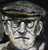 LUNED RHYS PARRI mixed media on canvas - portrait study of farmer with cap and spectacles,