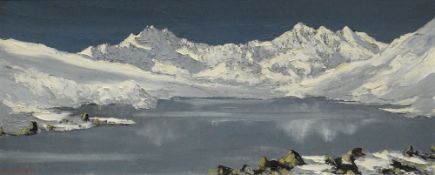 CHARLES WYATT WARREN oil on board - Llyn Mymbyr and the Snowdon Horseshoe under heavy snow, signed