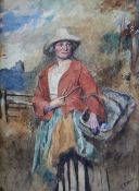 EDWARD DUNCAN watercolour - portrait of a standing female harvester figure with basket, entitled