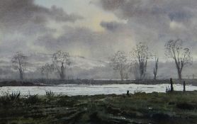 GARETH THOMAS watercolour - winter landscape, entitled verso 'River Towy Near Llandeilo, Winter