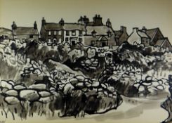 SIR KYFFIN WILLIAMS RA inkwash - village with dry stone walls and lanes, being Pentre Pella,