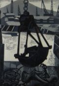 ARTHUR CHARLTON (1917-2007) linocut in black, white and grey - Swansea industrial scene, entitled '