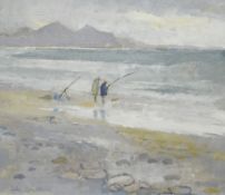 IOLA SPAFFORD oil on board - two fisherman and dog on a shore near Caernarfon, entitled verso '