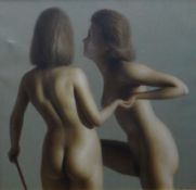 HARRY HOLLAND oil on board - a study of two nude figures, one helping the other step up, entitled '