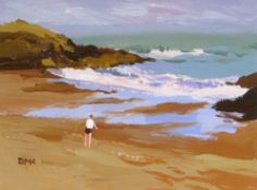 DONALD McINTYRE acrylic on board - single figure in bathing clothes standing beside the shore,