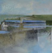 DICK CHAPPELL oil on panel - semi-abstract landscape entitled verso 'Saltmarshe, Silver and Blue' on