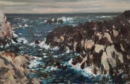 GYRTH RUSSELL oil on canvas - rocky coastal scene with breaking waves, signed, 50 x 75cms (framed