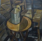 WYN OWENS oil on board - interior scene with stoneware flagon on a table in a cubist style, signed
