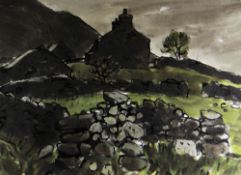 SIR KYFFIN WILLIAMS RA inkwash and watercolour - upland Snowdonia farm with dry stone walls,