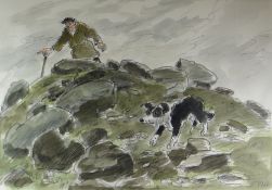 SIR KYFFIN WILLIAMS RA watercolour and pencil - dramatic Snowdonia shepherd scene with farmer figure