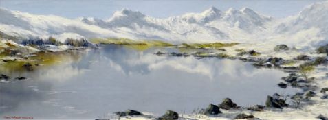 CHARLES WYATT WARREN oil on board - Snowdon Horseshoe and Llyn Mymbyr under snow, signed in full, 28