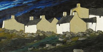 STEPHEN JOHN OWEN oil on board - cottages at night, entitled verso 'Noson Lawen / Silent Night',