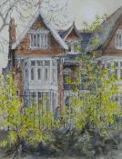 MARY TRAYNOR pen and watercolour - Cardiff street scene with figure pushing stroller, entitled verso