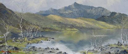 CHARLES WYATT WARREN oil on board - Snowdon from Llyn Cwellyn with silver birches, signed in full,