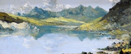 CHARLES WYATT WARREN oil on board - Llyn Mymbyr and the Snowdon Horseshoe, signed in full, 23 x 54