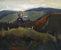 WILL ROBERTS oil on canvas - farmer driving tractor in the fields, entitled verso 'Evening