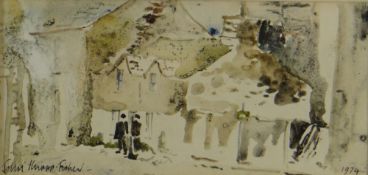 JOHN KNAPP-FISHER watercolour - figures in a Pembrokeshire coastal town, signed and titled verso '