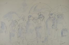 VERA BASSETT pencil and watercolour - crowd of figures standing in the rain with umbrellas,