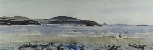 JOHN KNAPP-FISHER watercolour - figures walking and children playing on a Pembrokeshire beach,