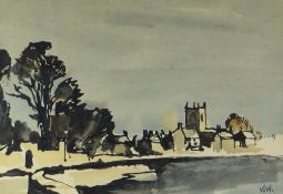 SIR KYFFIN WILLIAMS RA early watercolour and inkwash - view of Beaumaris with St Mary and St
