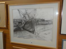 Pencil sketch of boat docked, signed and dated 2005, 56 x 74.5cms Condition reports provided on