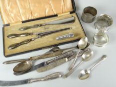 A bag of mixed silver flat-ware, napkin rings, cased button-hook set ETC Condition reports