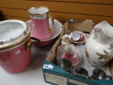 A vintage Staffordshire pink and gilt decorated wash stand and toilet set, large Doulton jug, pewter