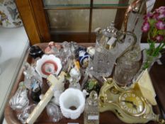 A parcel of small fancy ornaments including Swarovski-type ornaments, cut-glass decanters, clock ETC