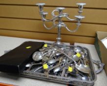 EPNS twin-handled gallery tray, loose flatware and candelabra Condition reports provided on