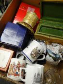 A box containing mainly china and glass Royal Commemorative mugs ETC Condition reports provided on