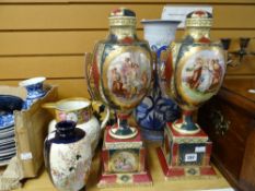 A pair of Vienna-style covered vases on plinths, a Davenport stoneware hunting scene jug with floral
