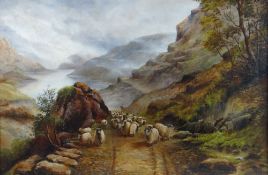 H H HARRIS oil on canvas - mountain scene with horseback shepherd and flock, signed and dated