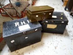 Three vintage metal deed boxes together with keys Condition reports provided on request by email for