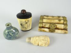 Three various Oriental (or style) snuff-bottles and a metal and bone / antler section table box