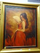 MARK SPAIN giclee print on canvas - glamorous lady in red dress with fan, entitled verso on