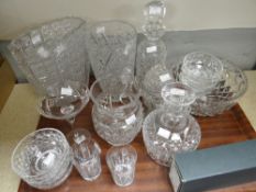 Tray of various cut glass including jugs, vases, fruit bowl, decanter ETC Condition reports provided