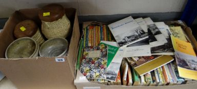 Collection of vintage Ladybird books, paperbacks and Pembrokeshire Historian earthenware storage