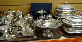 Two trays of good quality EPNS items including teaset, hotel ware, entree dishes ETC Condition