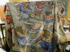 An interesting early twentieth century painted fabric Chinese circus banner, 297 x 197cms