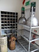 A parcel of industrial items including shelving and a pair of large Thorn ceiling pendant lamps